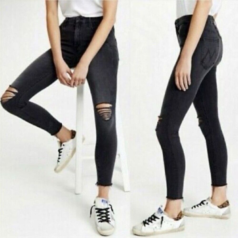 Mother The Looker Ankle Fray Jeans Raw Hem Distressed Size 25 Black